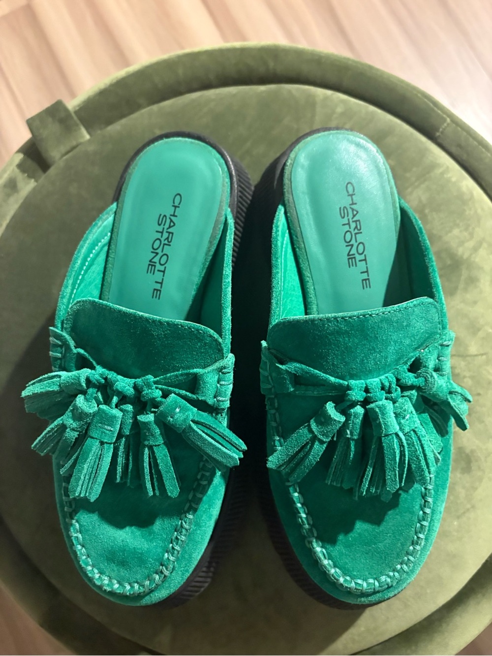 Charlotte Stone Herschel Green Suede Tassel Loafer Mules Size 6